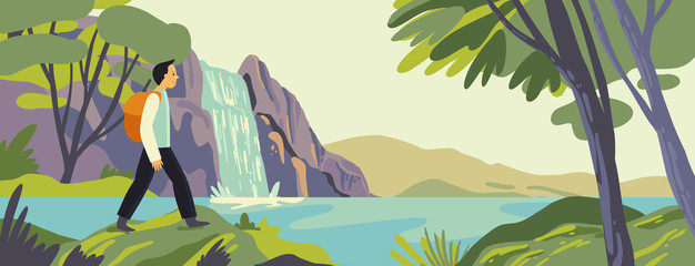 Vector illustration in flat simple style - tourists and landscape - characters with backpacks hiking - travel concept  and adventure tourism