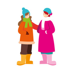 women standing with winter clothes on white background