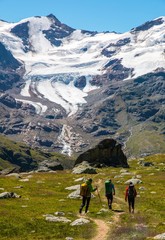 Fototapeta premium Mountaineers walking to Forni glacier, Stelvio National Park, Italy