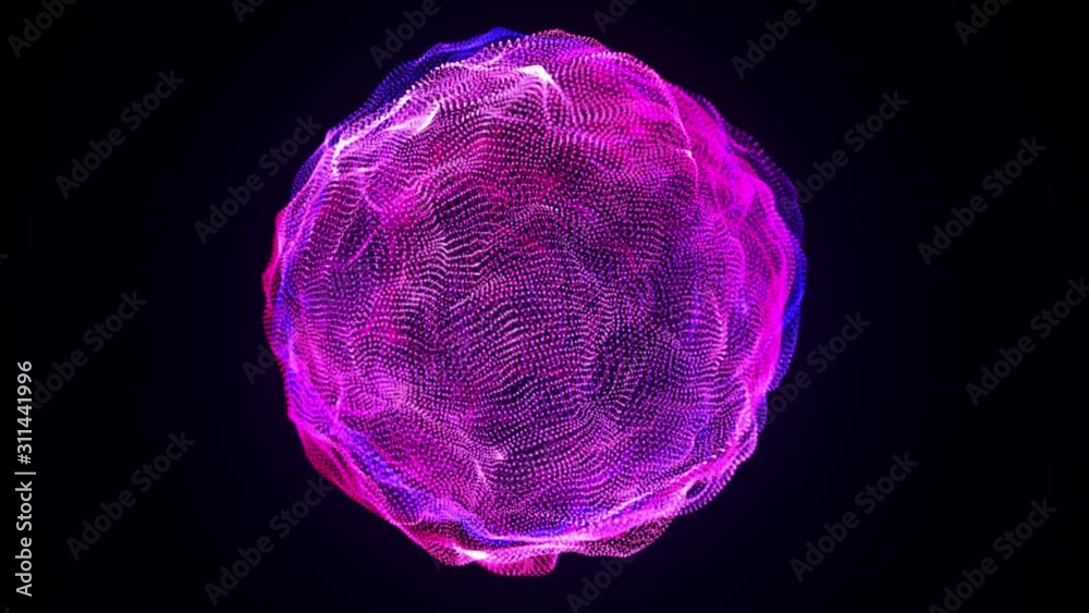 Poster abstract glowing sphere, computer generated background. multicolored wavy shape from glow neon parti