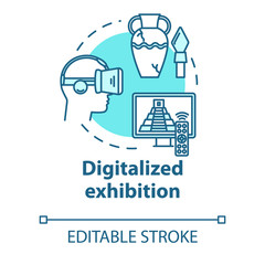 Digitalized exhibition concept icon. Interactive fair venue in cyberspace. Video museum tour. Virtual reality exposition idea thin line illustration. Vector isolated outline drawing. Editable stroke