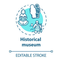 Historical museum concept icon. Paleontology and anthropology. Archeological artifact. Cultural exhibition idea thin line illustration. Vector isolated outline drawing. Editable stroke