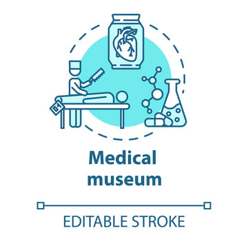 Medical museum concept icon. Anatomy exhibition. Body dissection and examination. Scientific exposition idea thin line illustration. Vector isolated outline drawing. Editable stroke
