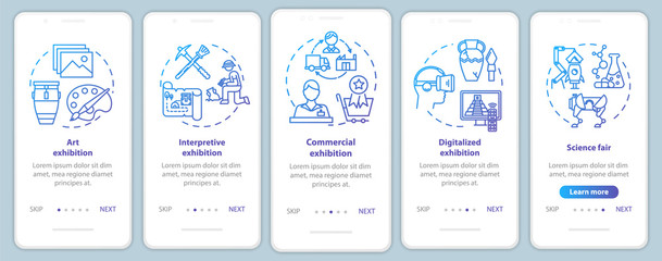 Naklejka premium Exhibition and museum onboarding mobile app page screen vector template. Exposition. Science fair. Walkthrough website steps with linear illustrations. UX, UI, GUI smartphone interface concept