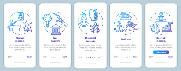 Exhibition and museum onboarding mobile app page screen vector template. Open-air exposition. Walkthrough website steps with linear illustrations. UX, UI, GUI smartphone interface concept