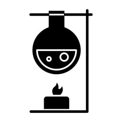Heating laboratory flask with candle glyph icon. Lab experiment. Interaction with chemicals. Organic chemistry research. Silhouette symbol. Negative space. Vector isolated illustration