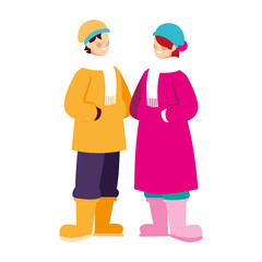 couple of people standing with winter clothes on white background