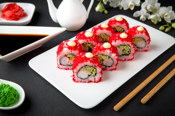 Japanese California Roll  with royal prawn, cucumber, avocado and Philadelphia cheese and Japanese mayonnaise Sushi menu. Japanese food. 