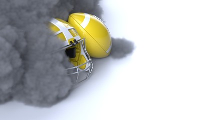 American football White-Yellow helmet and Ball with dark black toned foggy smoke under black-white laser lighting. 3D illustration. 3D high quality rendering.