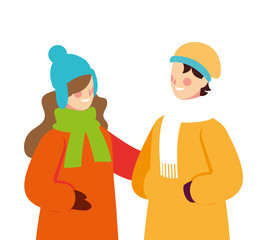 couple of people with winter clothes on white background