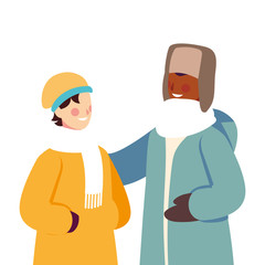 men with winter clothes on white background