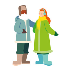 couple of people standing with winter clothes on white background