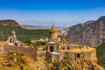Tatev monastery panorama landscape mountains landmark of Syunik province Armenia eastern Europe