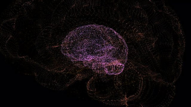 4k video of illuminating brain inside another transparent brain frame over dark background.