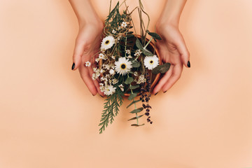 Hands with herbs mix. Flat lay style. Modern apothecary concept - 311449143