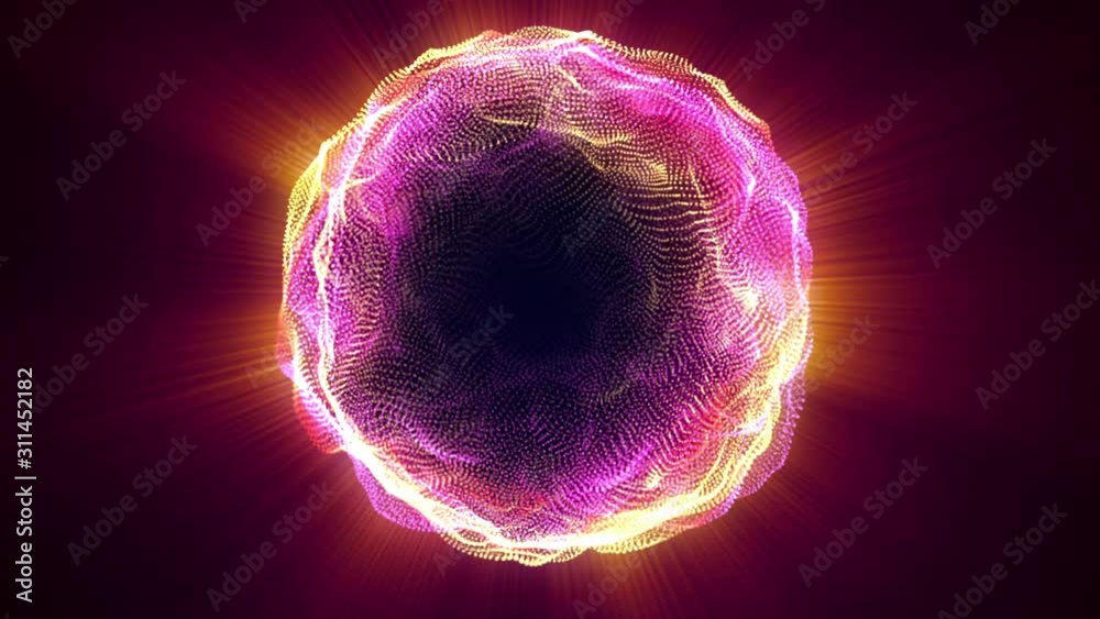 Poster abstract glowing sphere, computer generated background. multicolored wavy shape from glow neon parti