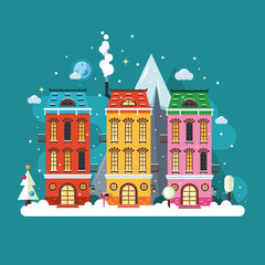 European city house. Urban scene landscape in winter season. Christmas time. Vector cartoon illustration. Flat style.