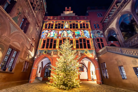 Christmas tree at town hall of Basel, a five hundred years old building dominating the Marktplatz in Basel, Switzerland