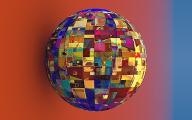 rendu 3D numérique d'une sphère à la texture géométrique, colorée, abstraite