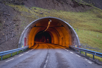 Almannaskard tunnel on the national road number 1 near Hofn town in Iceland
