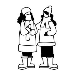 women standing with winter clothes on white background