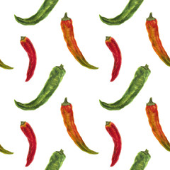 Small green, orange and red hot peppers, watercolor seamless pattern with clipping path