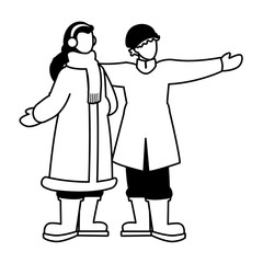 couple of people standing with winter clothes on white background