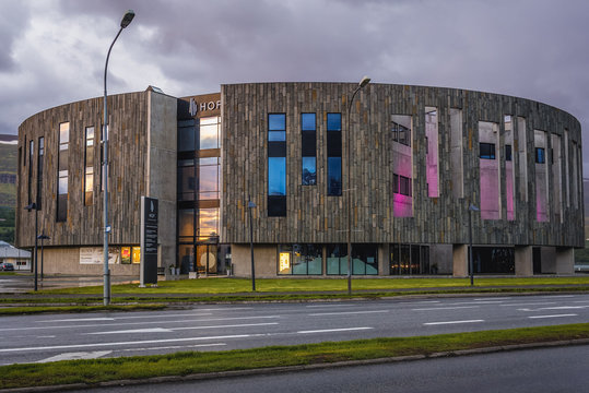 Akureyri, Iceland - June 18, 2018: Hof building in Akureyri city in northern part of the country