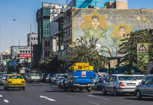Tehran, Iran - October 15, 2016: Mural with Iranian martyrs in Tehran