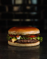 Tasty grilled homemade burger with beef, tomato, cheese, cucumber and lettuce. Delicious grilled burgers. Craft beef burger and french fries on wooden table