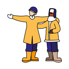 men standing with winter clothes on white background