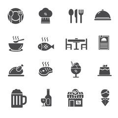 Restaurant icons pack. Black and white style for a set of restaurant related icons such as fork, spoon, plate and more.