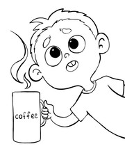 man with a cup of coffee black and white