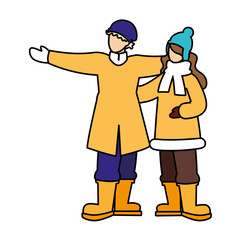 couple of people standing with winter clothes on white background