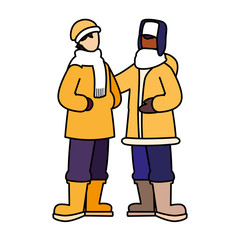 men standing with winter clothes on white background