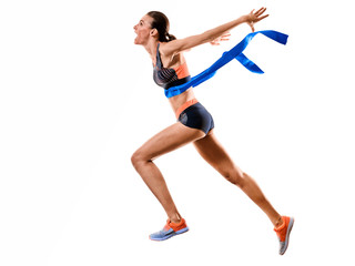 Fototapeta na wymiar one young caucasian woman runner running jogger jogging athletics competition isolated on white background