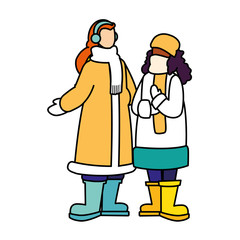 women standing with winter clothes on white background