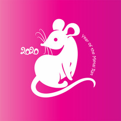 Year of the White Rat. 2020. Vector template silhouette of a white rat and lettering on a bright pink background.