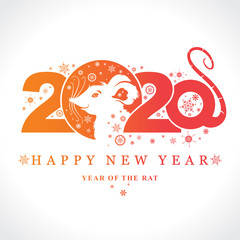 Beautiful New Year card with the symbol of 2020 Rat. Charming white mouse and snowflakes. Vector element for New Year's design. 