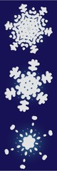 Collection of paper cut isolated snowflakes on blue background.