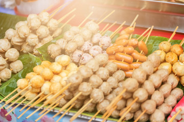 Meat ball sausage and crab kani famous and poppular street food