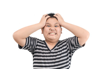 Naklejka premium angry screaming obese fat boy mad raising fist frustrated and furious.