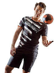 one young caucasian court handball player man in studio silhouette shadow isolated on white...