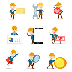 Set of character architect man work in project.