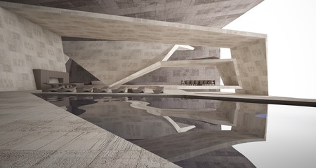 Abstract architectural concrete interior of a minimalist house with swimming pool. 3D illustration and rendering.