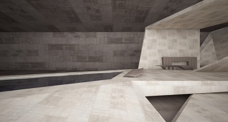 Abstract architectural concrete interior of a minimalist house with swimming pool. 3D illustration and rendering.