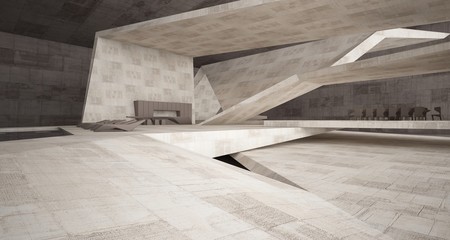 Abstract architectural concrete interior of a minimalist house with swimming pool. 3D illustration and rendering.