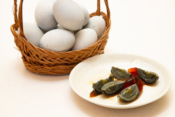 Century egg,chinese preserved food on the white background