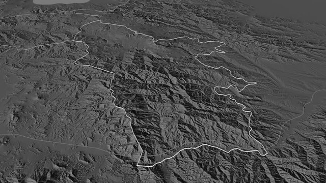 Syunik, province with its capital, zoomed and extruded on the bilevel map of Armenia in the conformal Stereographic projection. Animation 3D