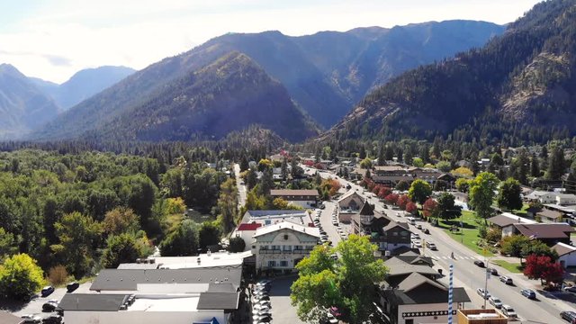 Aerial footage of Leavenworth Bavarian Village, Washington, USA